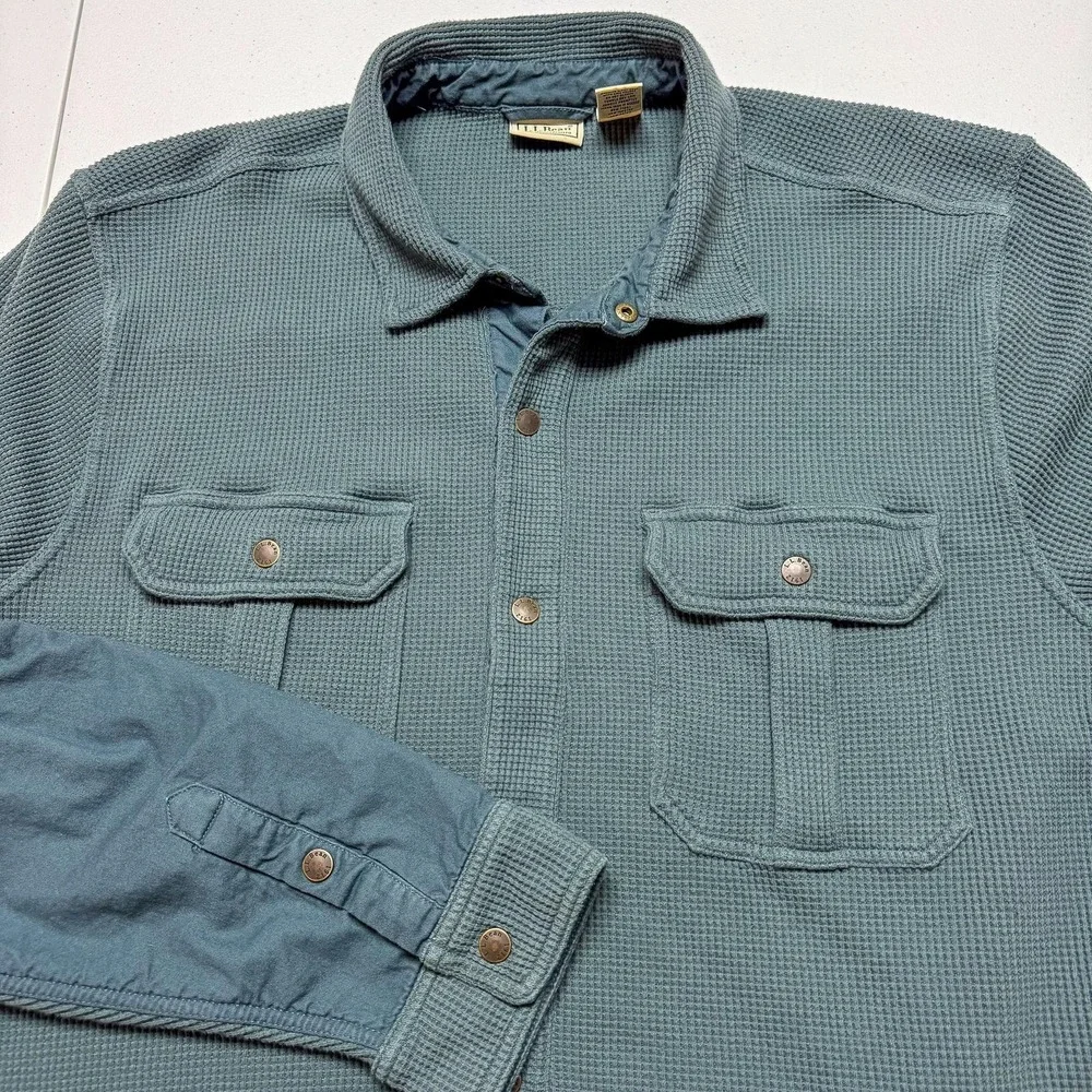 LL Bean Shirt Jacket Mens XL Tall‎ Blue Waffle Knit Snap Front Thermal 518840